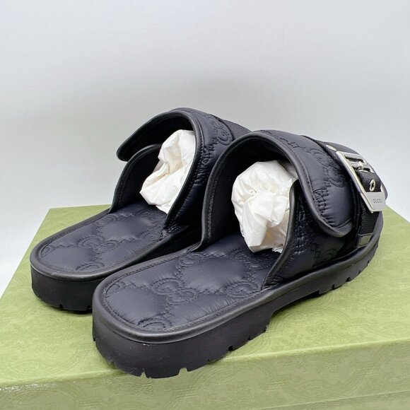 GUCCI Mens GG LOGO Quilted Buckle Black Slides Sandals 776792 Mens UK 9 US 9.5 - Picture 7 of 14